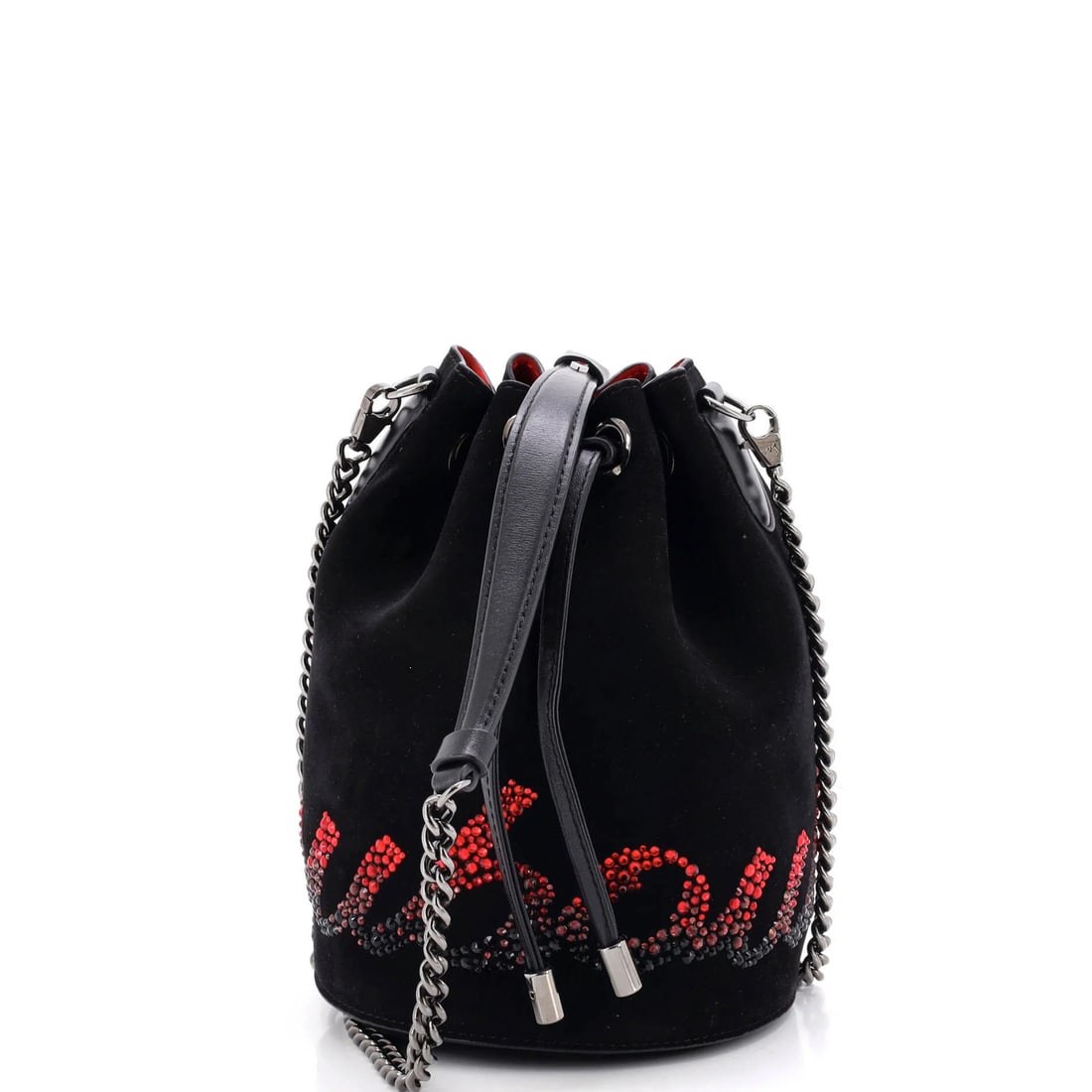 Suede Embellished Bucket Bag Marie Jane Louboutin: Suede Embellished Bucket Bag Marie Jane Louboutin Suede Embellished Bucket Bag Marie Jane Louboutin - A luxurious black suede bucket bag with red leather interior, featuring gun metal hardware and a