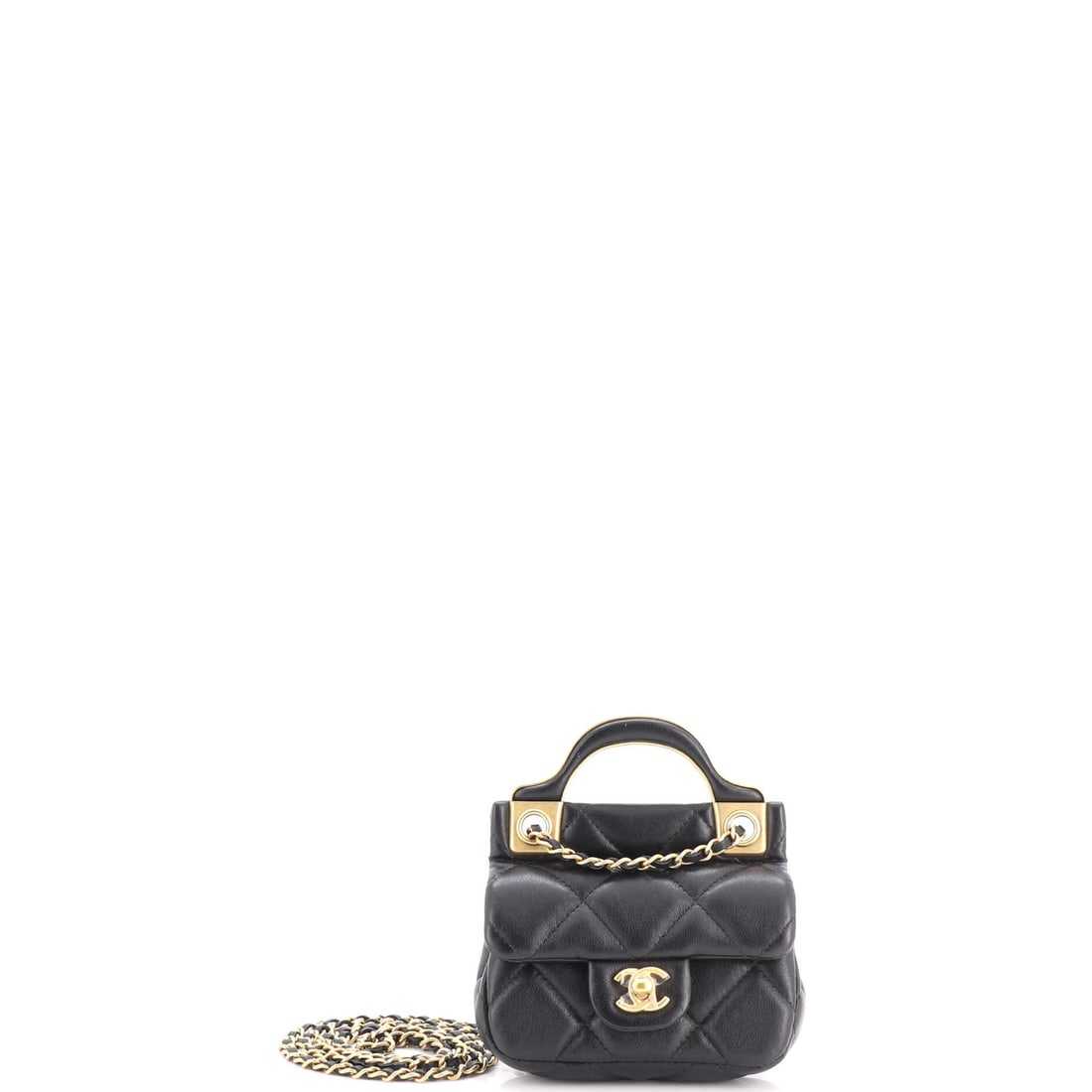 Chanel Lady Handle Flap Card Holder on Chain Quilted Calfskin: Chanel Lady Handle Flap Card Holder on Chain Quilted Calfskin Black quilted calfskin exterior, gold hardware, and a classic flap design make this Chanel Lady Handle Flap Card Holder on Chain a