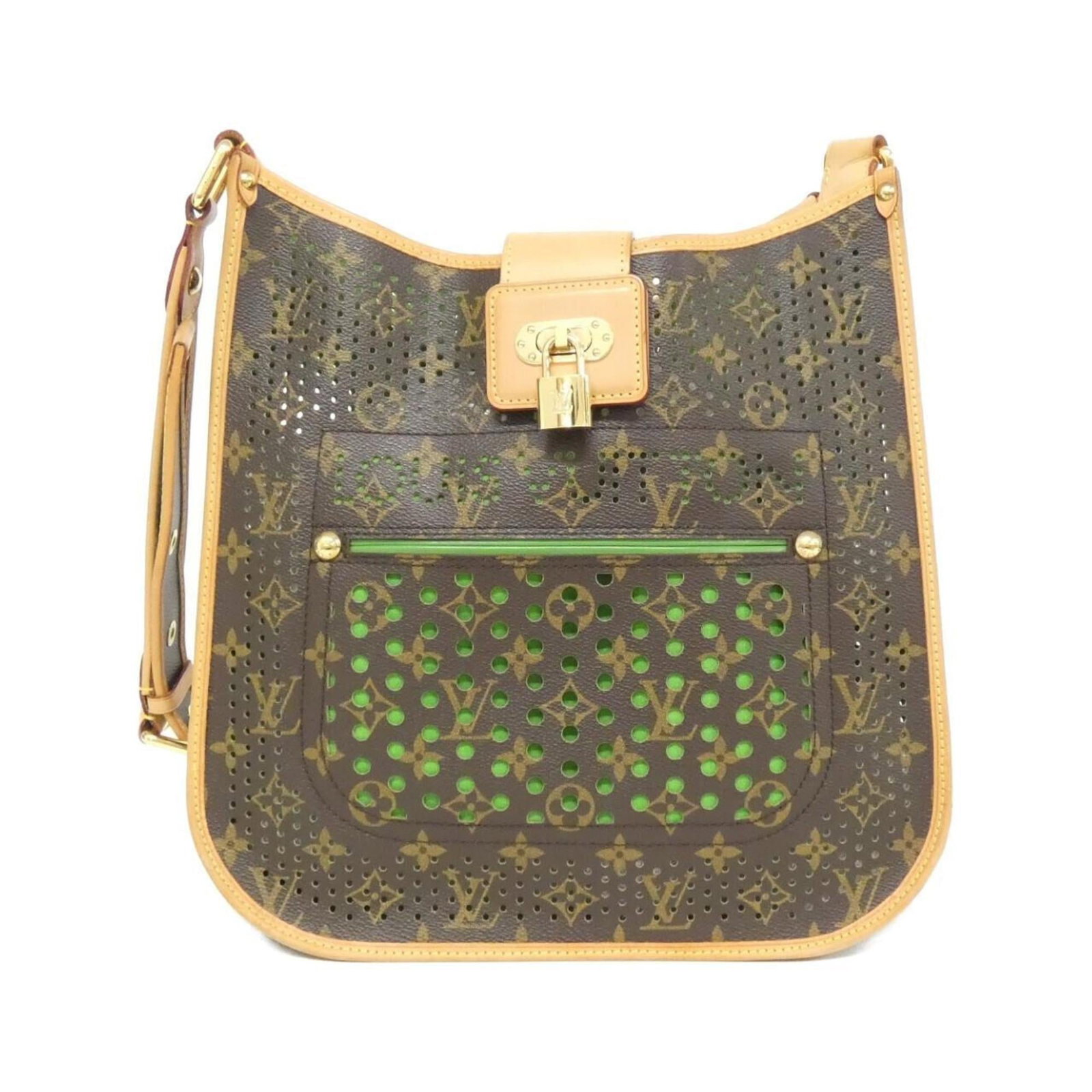 Shoulder bag coated canvas by Louis Vuitton: Shoulder bag coated canvas by Louis Vuitton Marron and Vert colors beautifully contrast in this classic Louis Vuitton shoulder bag, crafted from coated canvas for durability. The gold hardware adds a