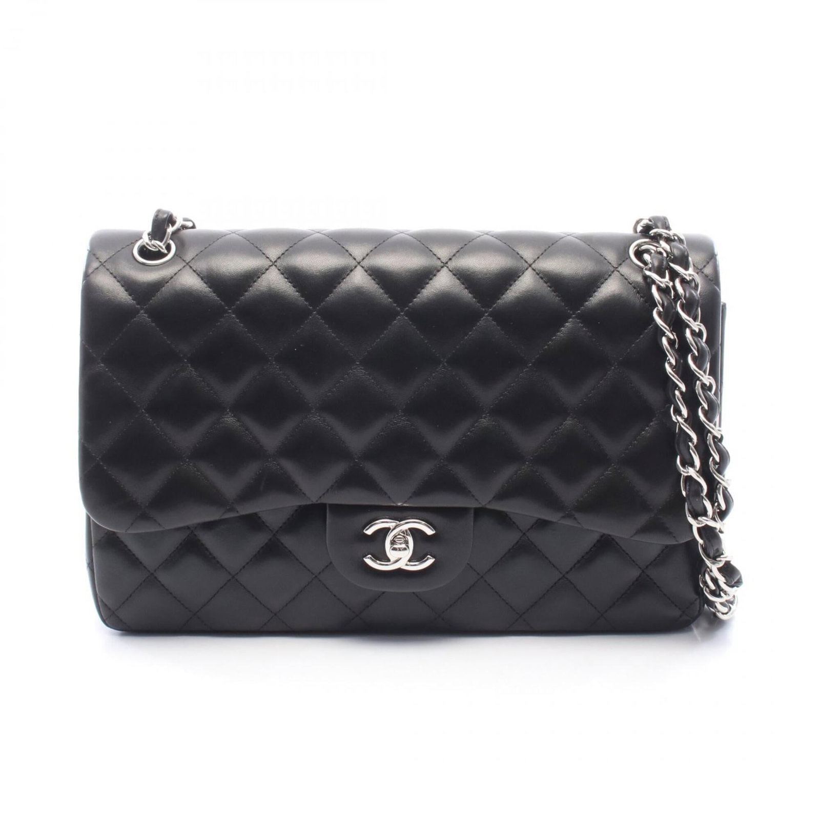 Chanel Handbag Shoulder Bag Leather: Chanel Handbag Shoulder Bag Leather Black lambskin leather Chanel shoulder bag with silver hardware, measuring 20cm x 30cm x 9cm. This stylish and classic design is crafted from high-quality leather,