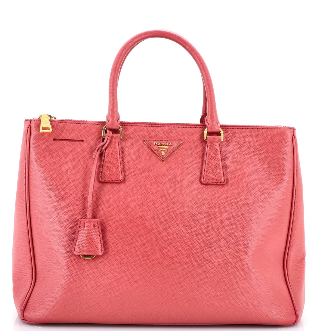 Lux Tote Saffiano Leather Large Double Prada: Lux Tote Saffiano Leather Large Double Prada Pink Saffiano Leather Lux Tote with Double Zipper, measuring 10.5" high and 14" wide, features a gold interior and aged gold hardware. The exterior shows
