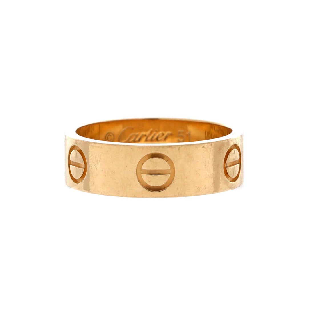 Love Band Ring Cartier 18K Yellow Gold: Love Band Ring Cartier 18K Yellow Gold 18K Yellow Gold Love Band Ring by Cartier, featuring a classic design with moderate wear throughout. This beautiful ring showcases the timeless elegance of