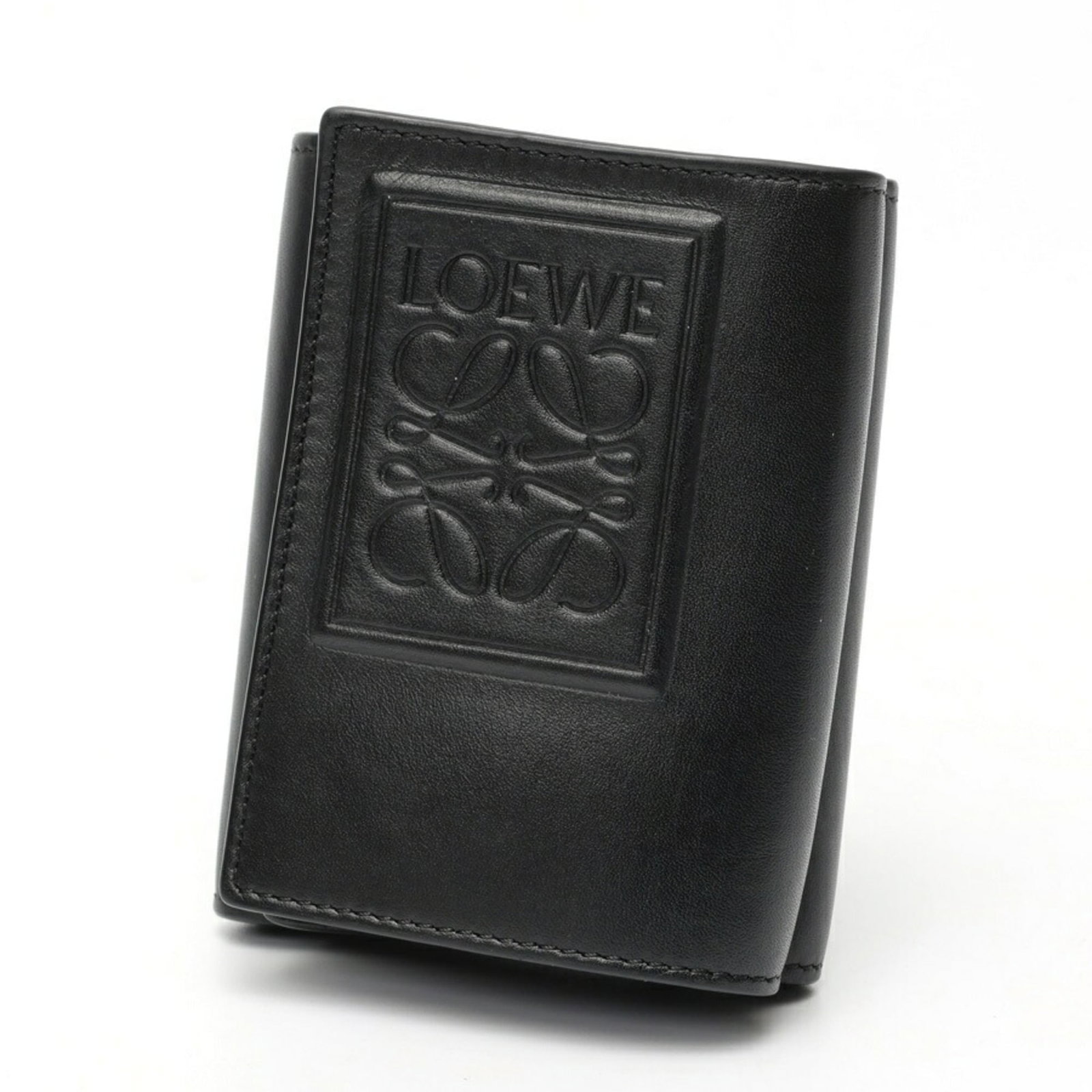 Satin leather tri-fold wallet loewe: Satin leather tri-fold wallet loewe Satin leather tri-fold wallet from Loewe, crafted with calfskin in black. This elegant design features a sleek satin exterior and a classic tri-fold layout,