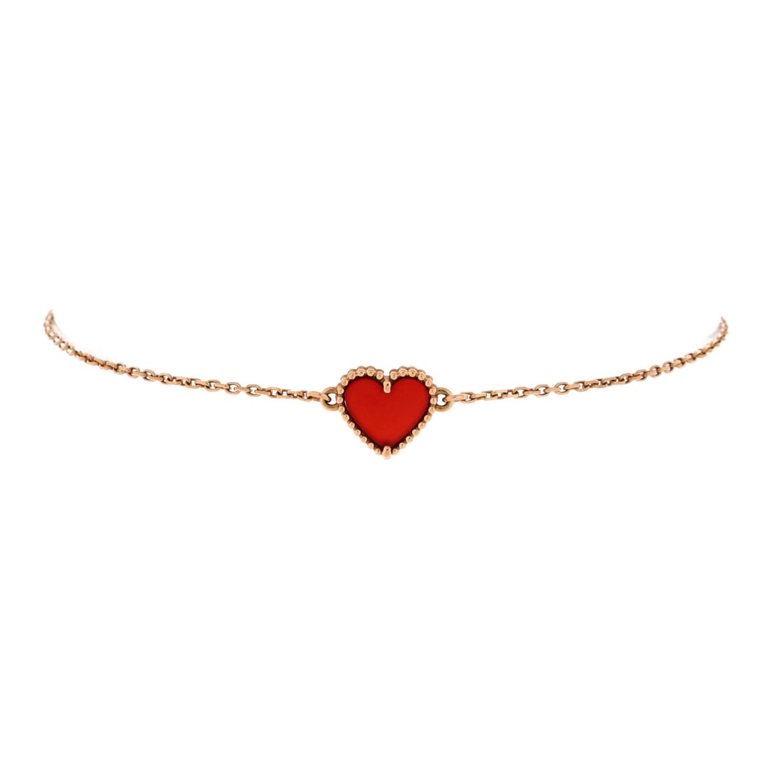 Van Cleef & Arpels Sweet Alhambra Heart Bracelet 18K Rose Gold with Carnelian: Van Cleef & Arpels Sweet Alhambra Heart Bracelet 18K Rose Gold with Carnelian 18K Rose Gold Sweet Alhambra Heart Bracelet with Carnelian. This elegant bracelet features a stunning heart-shaped design