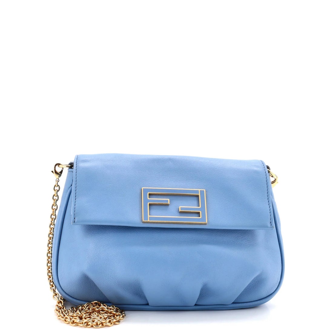 Fendi leather crossbody pochette: Fendi leather crossbody pochette This Fendi leather crossbody pochette boasts a stunning blue exterior and gold hardware, adding a touch of sophistication to any outfit. Measuring 6" in height, 9" in