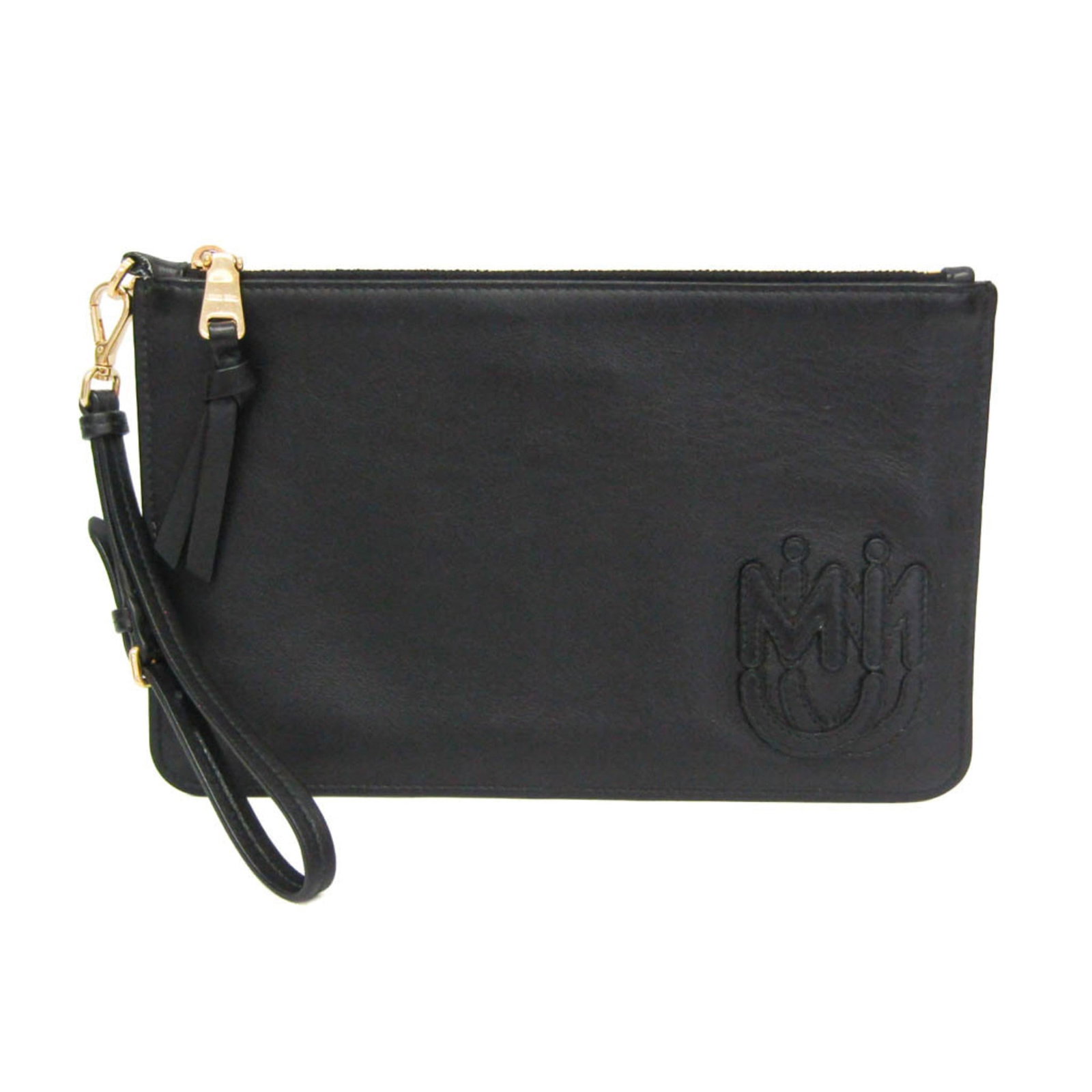 Miu Clutch Bag Pouch Leather: Miu Clutch Bag Pouch Leather The Miu Clutch Bag Pouch Leather is a sleek and sophisticated black leather pouch with a zipper closure, measuring 14cm x 22.5cm in size. Its durable construction and