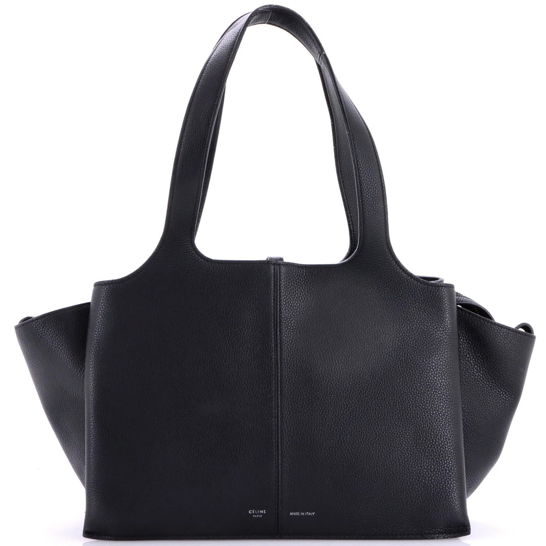 Calfskin Grained Celine Small Tri Fold Shoulder Bag: Calfskin Grained Celine Small Tri Fold Shoulder Bag Calfskin Grained Celine Small Tri Fold Shoulder Bag. This black leather shoulder bag features a tri-fold design and grained calfskin exterior, with