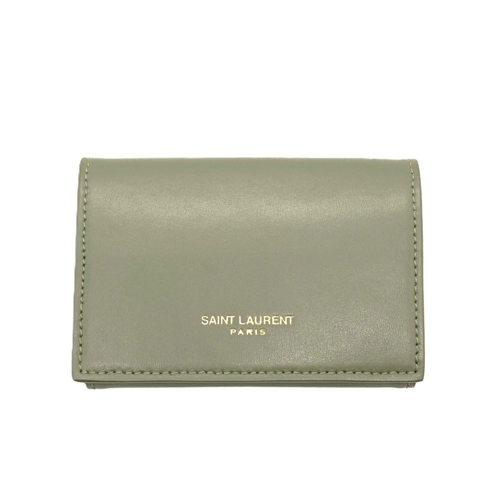 Saint Laurent Wallet Tri Fold Leather: Saint Laurent Wallet Tri Fold Leather Tri-fold leather wallet from Saint Laurent, featuring khaki color and compact dimensions. This stylish accessory is presented in its original box for added