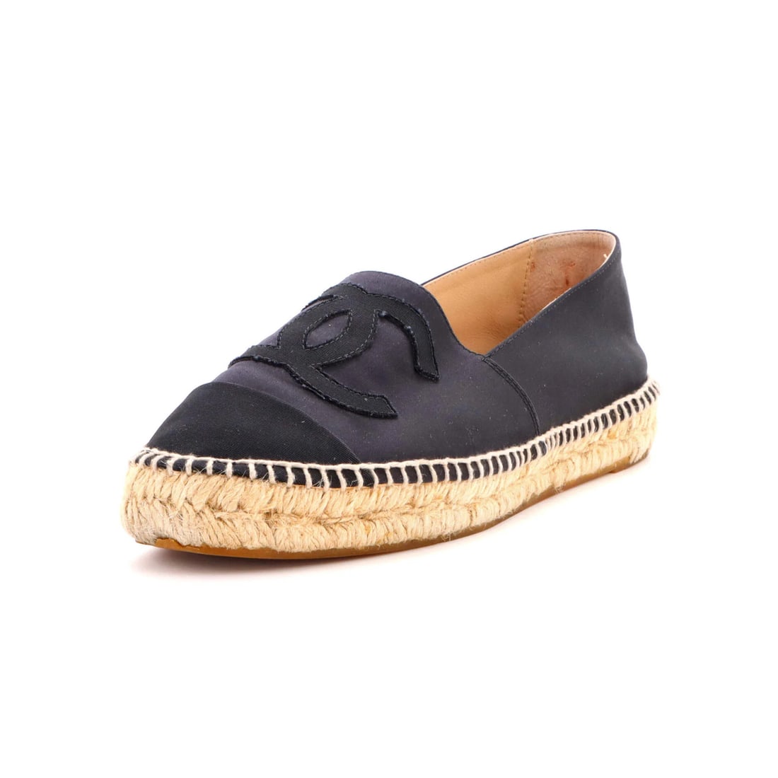 Chanel Women's CC Cap Toe Espadrilles Satin: Chanel Women's CC Cap Toe Espadrilles Satin Satin upper and jute, leather interior create a unique blend in these Chanel Women's CC Cap Toe Espadrilles. The classic design features a black exterior wi
