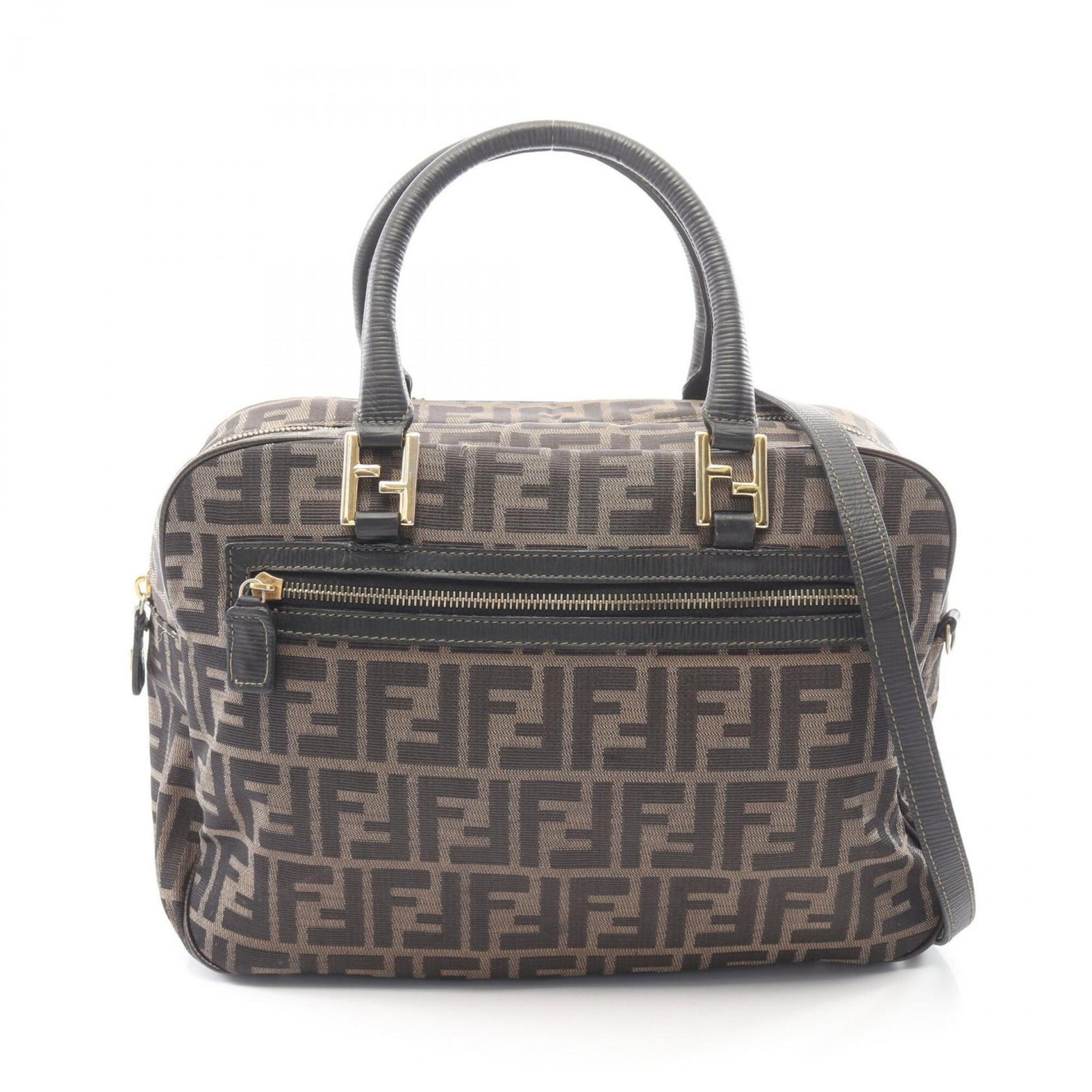 Canvas Leather Fendi Handbag: Canvas Leather Fendi Handbag Canvas and leather combine in sleek, modern design. The Fendi handbag features a striking black color with brown accents, measuring 23cm x 33cm x 10cm. This stylish bag
