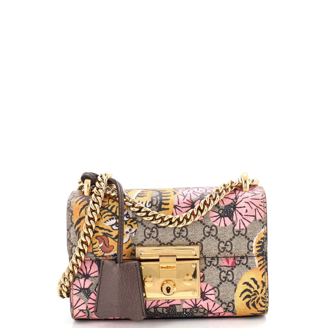 Coated Canvas Small Gucci Print Padlock Bag Bengal GG: Coated Canvas Small Gucci Print Padlock Bag Bengal GG Small Gucci Print Padlock Bag in Brown Canvas Coated Leather. This Bengal GG print shoulder bag features a coated canvas exterior with minor scuff