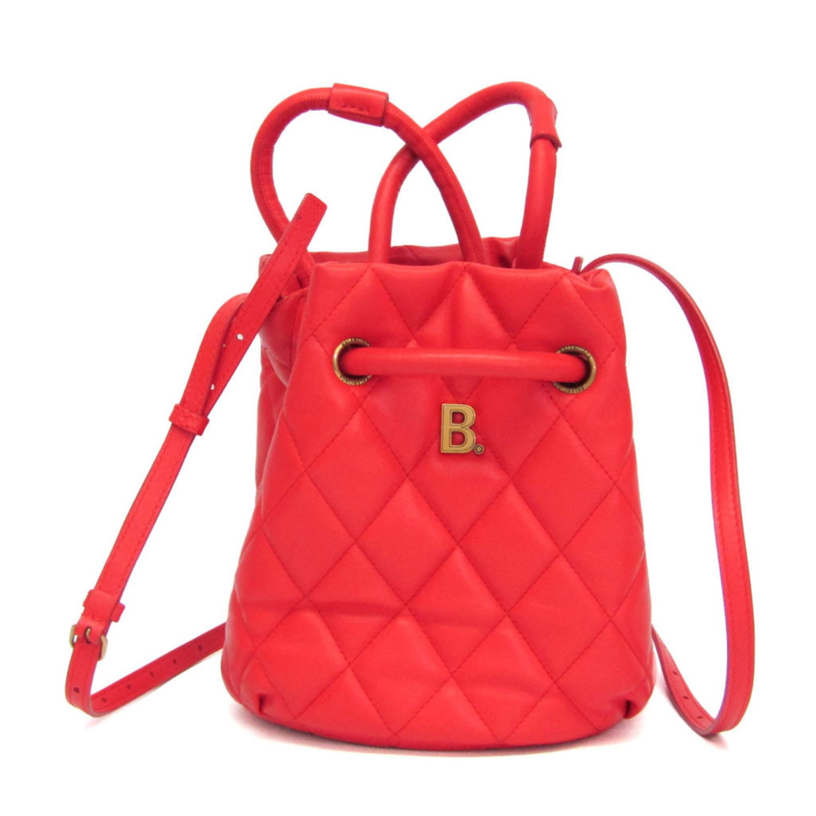 Balenciaga Handbag Shoulder Bag Leather: Balenciaga Handbag Shoulder Bag Leather The Balenciaga B Bucket Bag features a striking red leather design, complete with an open pocket and adjustable strap length. Measuring 21cm x 20cm x 14cm,