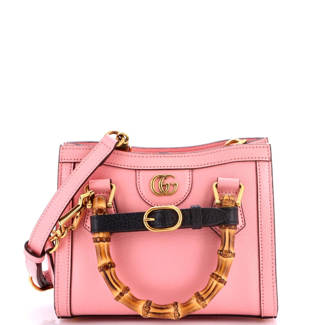 Leather Mini Handle Bamboo Gucci Tote Diana: Leather Mini Handle Bamboo Gucci Tote Diana Pink leather mini cross body bag from Gucci's Diana NM Bamboo Handle Tote, featuring scuffs and edge wear on the exterior. The interior boasts microfiber li