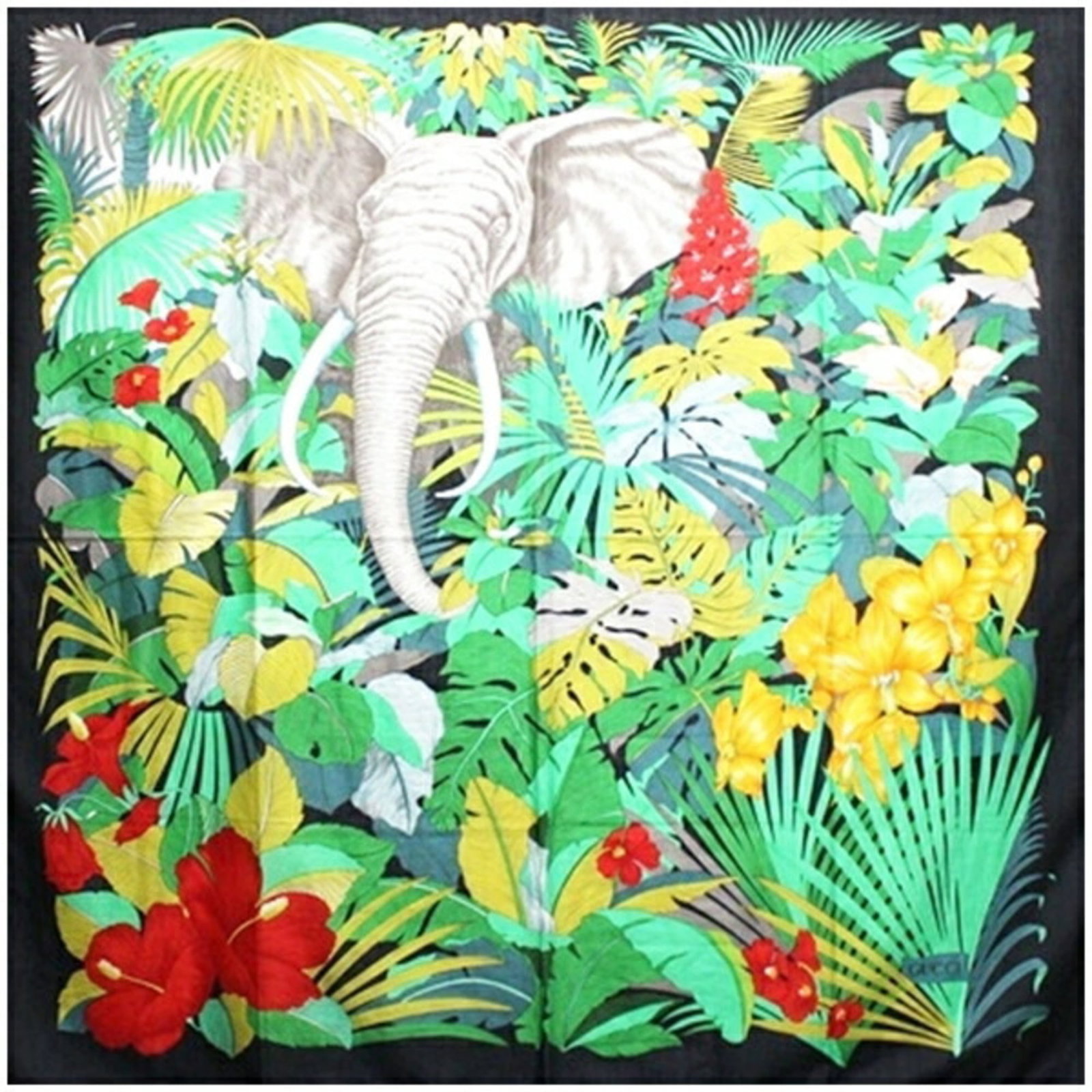 Gucci cotton stole: Gucci cotton stole Black Gucci cotton stole with multi-color accents, measuring 1.36m x 1.36m / 53.54'' x 53.54''. The item comes in a box and features the iconic Gucci brand. Item Specifics: Brand: