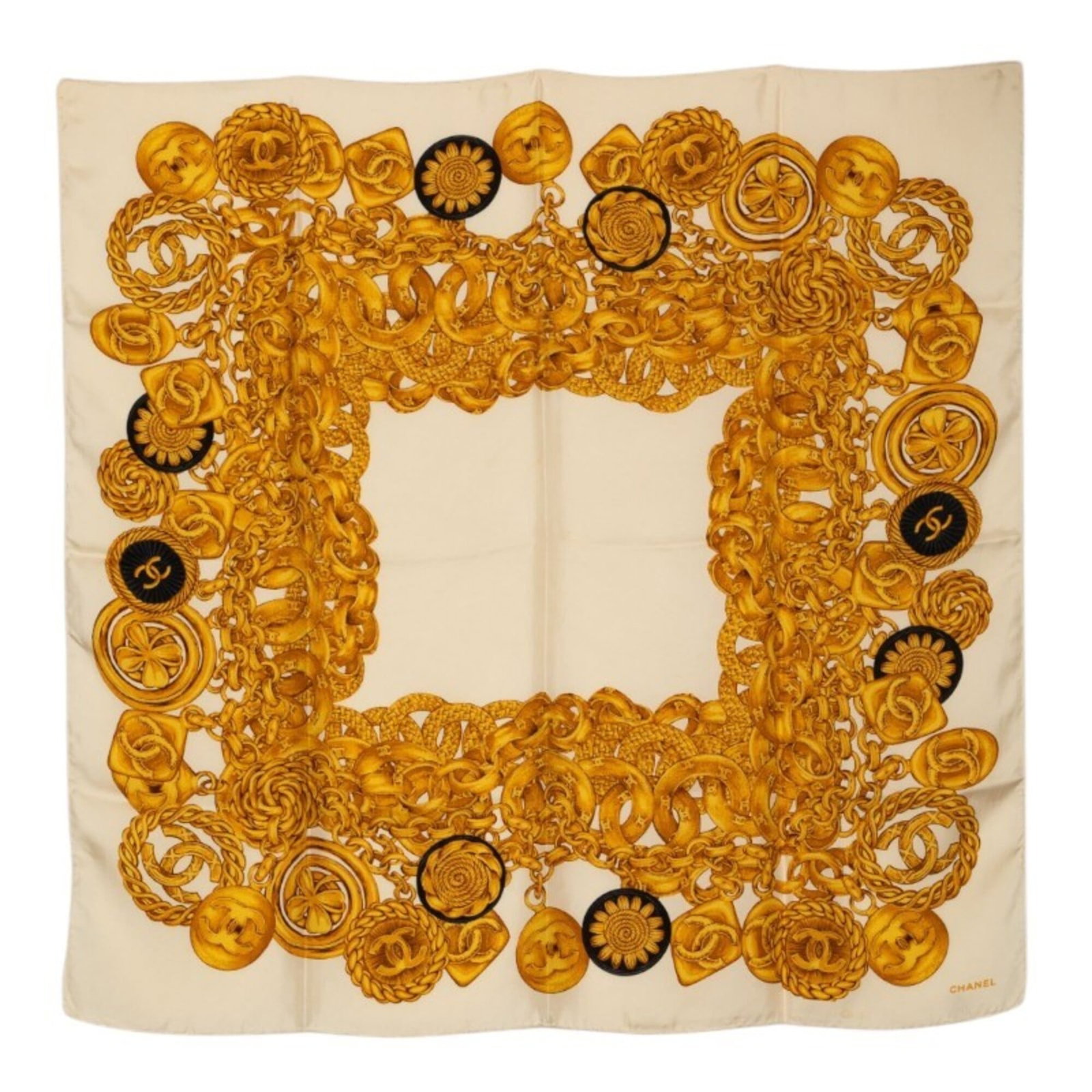 Chanel Silk Scarf: Chanel Silk Scarf Silk in ivory, this Chanel scarf measures 96cm x 97cm, boasting a classic size. Made from high-quality silk, its luxurious feel and soft texture make it a timeless accessory for any 