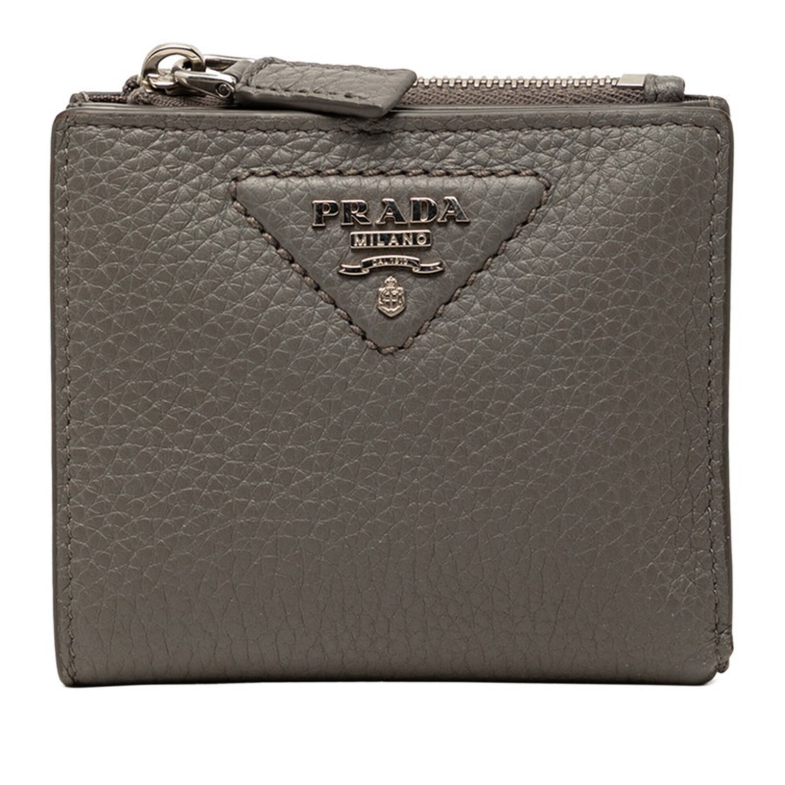 Prada Wallet (Bi-Fold) Leather: Prada Wallet (Bi-Fold) Leather Gray Prada bi-fold leather wallet with clean lines and classic design, measuring 8.5cm x 10cm x 2cm in size. Made from high-quality leather, its understated elegance