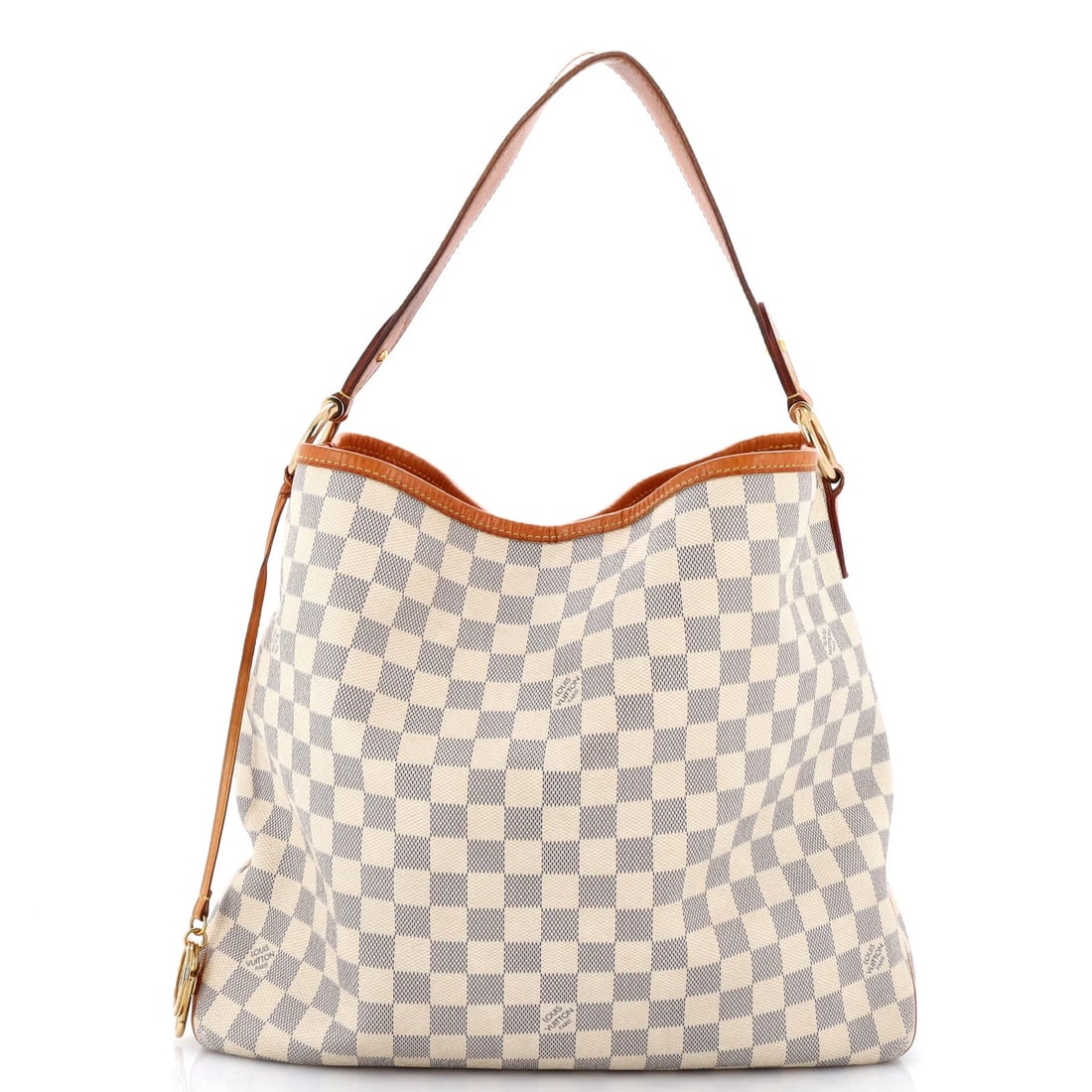 Damier NM Handbag Delightful Louis Vuitton: Damier NM Handbag Delightful Louis Vuitton White Damier NM Handbag Delightful Louis Vuitton in Very Good Condition. This canvas-coated handbag features heavy corner wear, scuffs, and creases, giving i