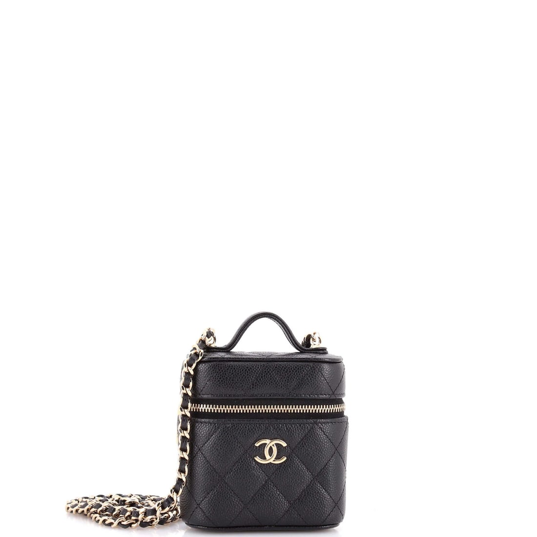 Caviar quilted case chain vanity handle care Chanel: Caviar quilted case chain vanity handle care Chanel Chain quilted caviar leather vanity case with care handle from Chanel, featuring black exterior and interior, gold tone hardware. The item boasts a 