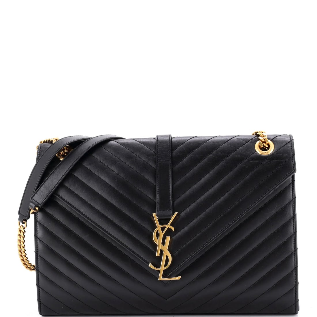 Matelasse Chevron Leather Satchel Envelope Classic Large Saint Laurent Monogram: Matelasse Chevron Leather Satchel Envelope Classic Large Saint Laurent Monogram Large Saint Laurent Monogram Matelasse Chevron Leather Classic Envelope Satchel in Black features a striking exterior