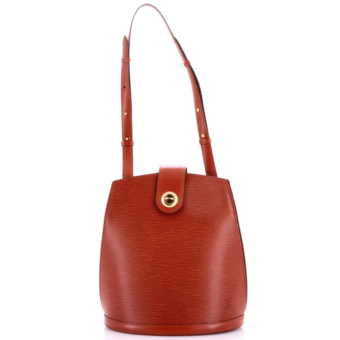 Louis Vuitton Cluny Shoulder Bag Epi Leather: Louis Vuitton Cluny Shoulder Bag Epi Leather Brown Louis Vuitton Cluny Shoulder Bag with Epi Leather exterior, featuring scuffs, edge wear, and minor creases. The bag's interior boasts a vibrant