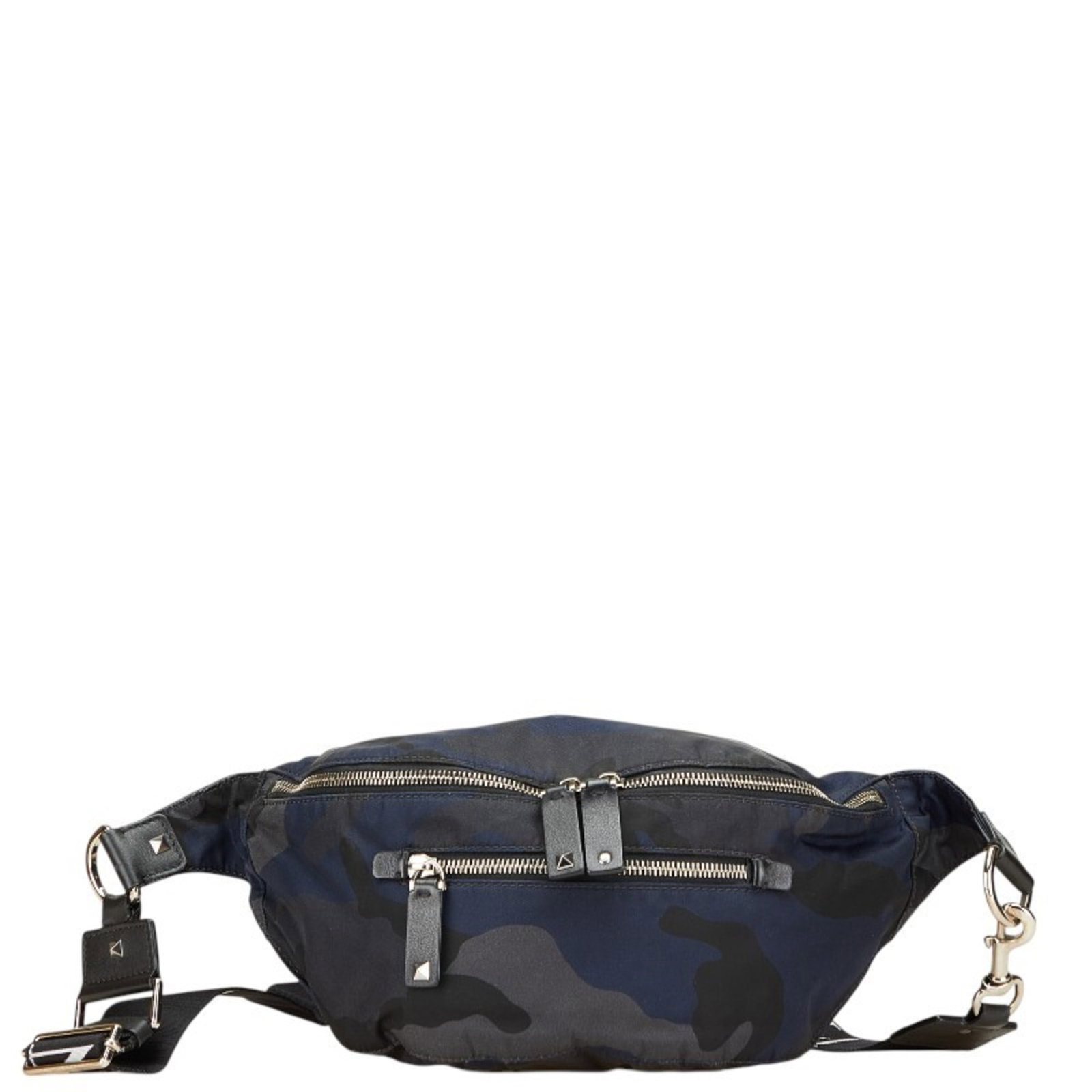 Nylon Valentino Fanny Pack: Nylon Valentino Fanny Pack Nylon Valentino Fanny Pack in Camouflage, Gray, and Navy Black. This nylon fanny pack features an open zipper pocket and a unique camouflage design, measuring 13cm x 47cm x 
