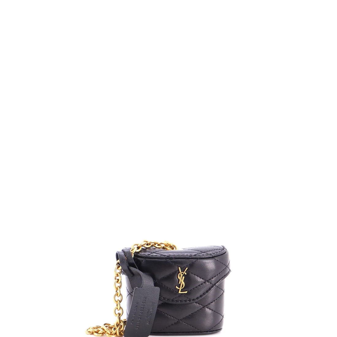 Saint Laurent June Box Bag Charm Quilted Leather: Saint Laurent June Box Bag Charm Quilted Leather Black quilted leather charm for Saint Laurent's June Box Bag, featuring gold hardware and minor odor. The exterior shows scuffs and discoloration with 