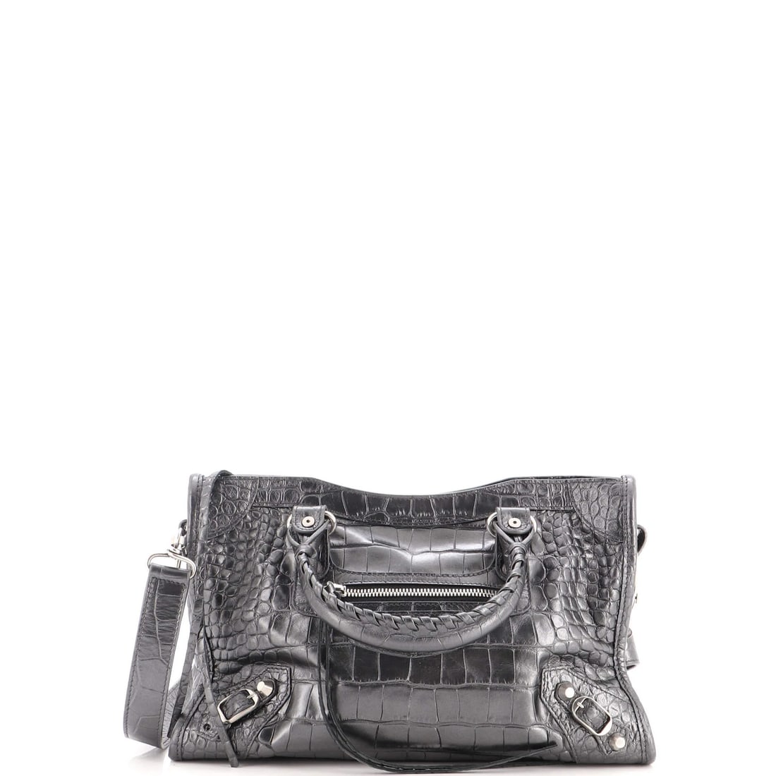 Balenciaga City Classic Studs Bag Crocodile Embossed Leather Small: Balenciaga City Classic Studs Bag Crocodile Embossed Leather Small Balenciaga City Classic Studs Bag Crocodile Embossed Leather Small features a striking gray exterior with metallic accents,