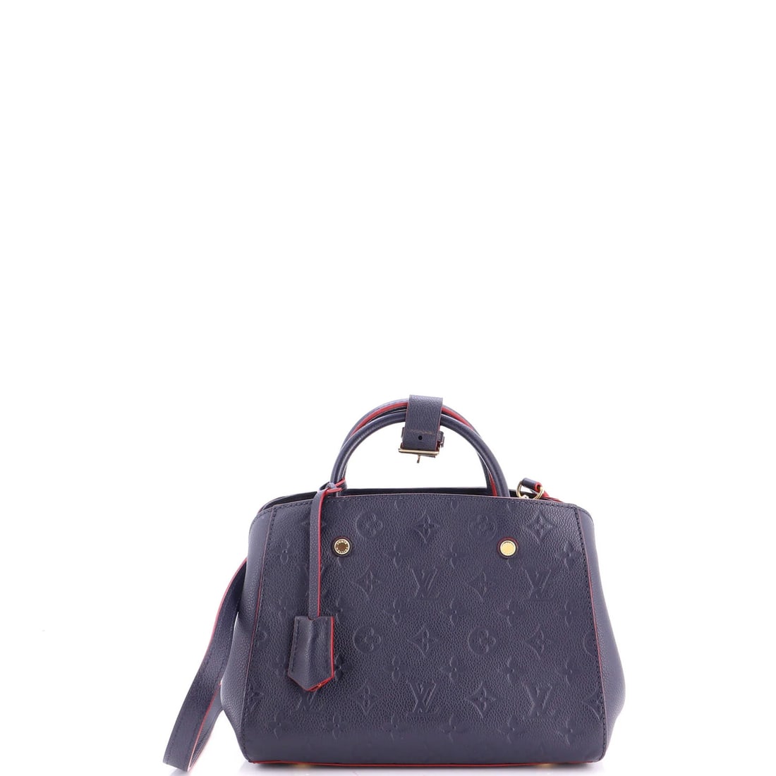 Montaigne Empreinte Leather Louis Vuitton BB Handbag: Montaigne Empreinte Leather Louis Vuitton BB Handbag Blue Montaigne Empreinte Leather Louis Vuitton BB Handbag with scuffs, cracking, edge wear, corner wear, and minor creases. This satchel features k