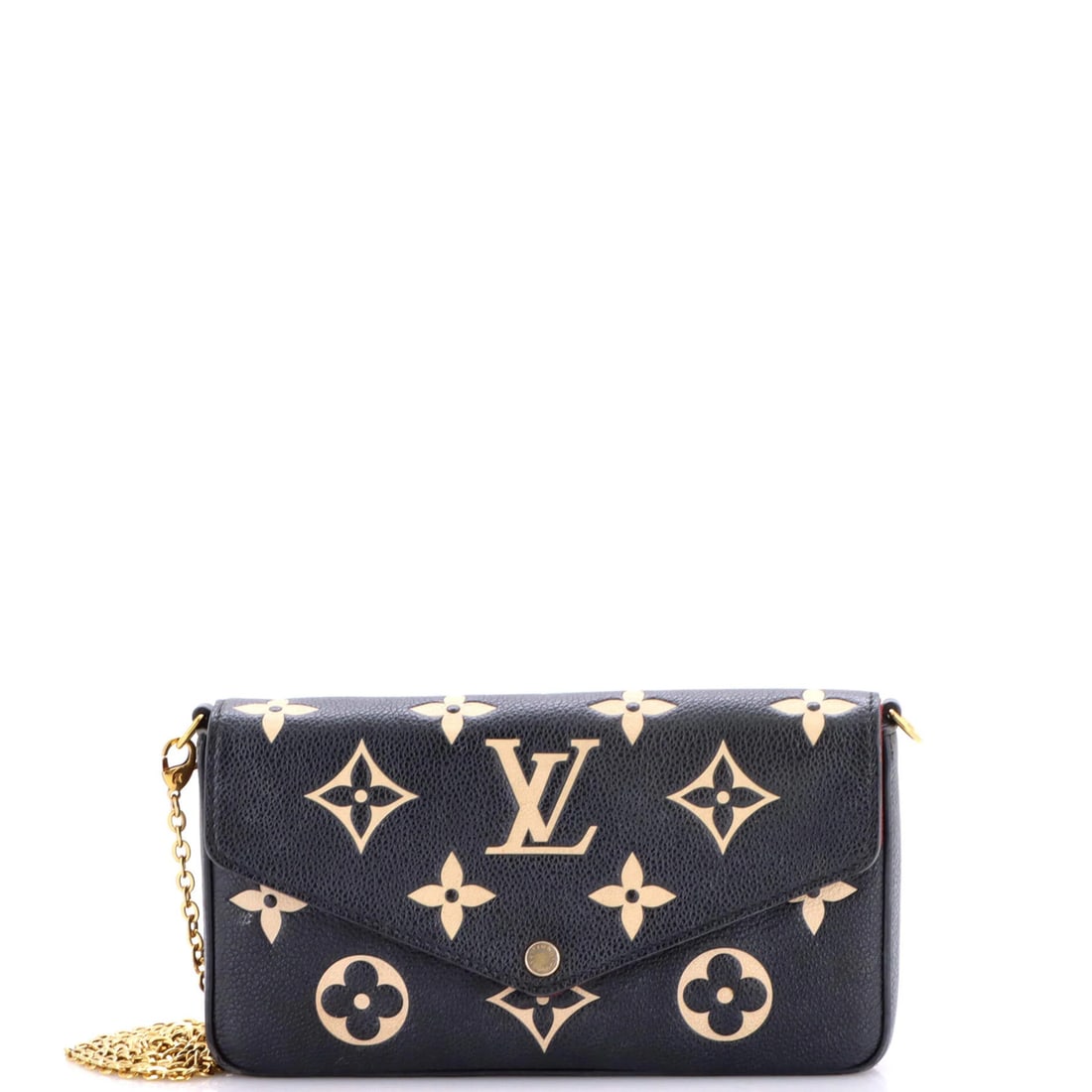 Louis Vuitton Felicie Pochette Bicolor Monogram Empreinte Giant: Louis Vuitton Felicie Pochette Bicolor Monogram Empreinte Giant Black Louis Vuitton Felicie Pochette Bicolor Monogram Empreinte Giant cross body bag with gold hardware, featuring a giant monogram patt