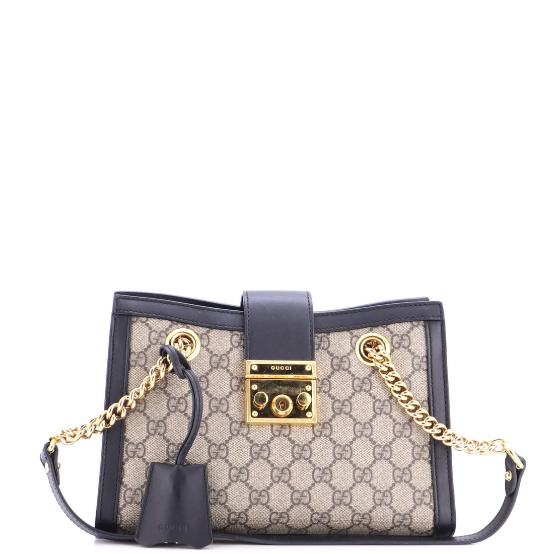 Gucci GG Coated Canvas Tote Leather Small Padlock Chain: Gucci GG Coated Canvas Tote Leather Small Padlock Chain The Gucci GG Coated Canvas Tote Leather Small Padlock Chain features a striking blue exterior with a durable leather and microfiber interior.