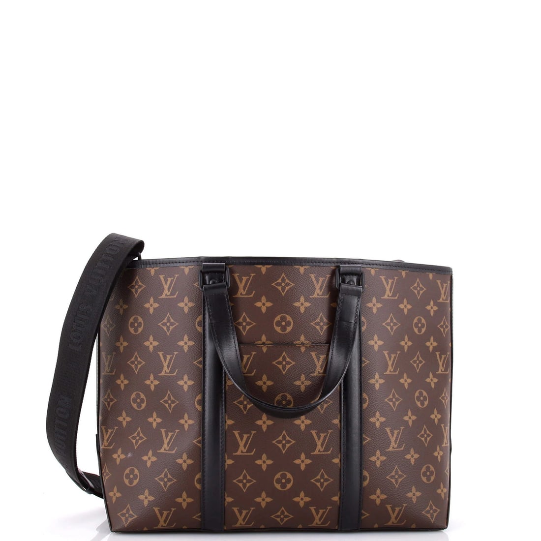 Macassar Monogram Canvas Weekend Louis Vuitton Tote: Macassar Monogram Canvas Weekend Louis Vuitton Tote Black Macassar Monogram Canvas Weekend Tote with Strap, featuring scuffs and creases. This Louis Vuitton PM Weekend Tote measures 11.5" high, 14" wi