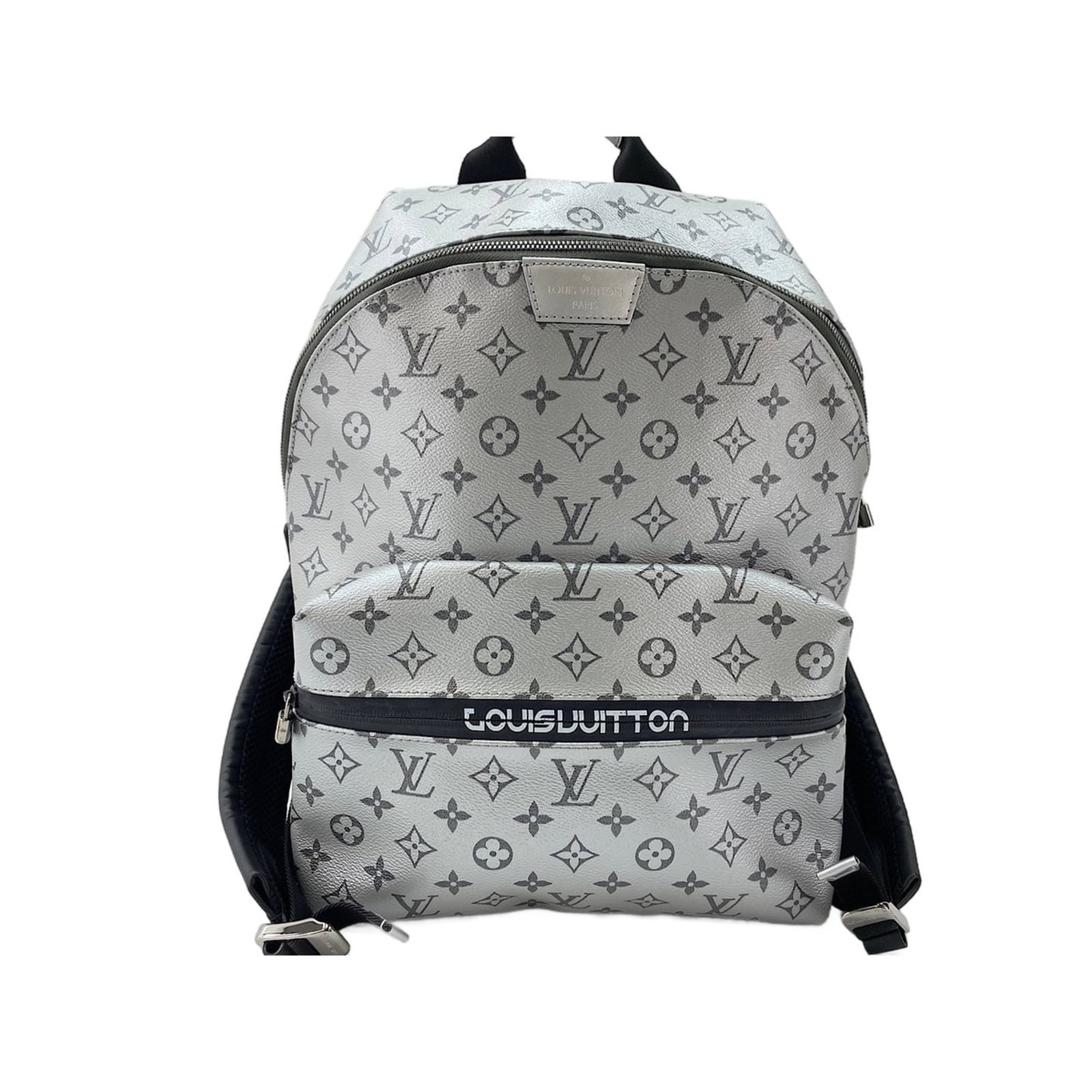 Louis Vuitton Backpack: Louis Vuitton Backpack Silver Louis Vuitton Backpack, 37cm x 27cm x 15cm. This iconic backpack features the signature monogram pattern and sleek silver design, making it a stylish accessory for daily