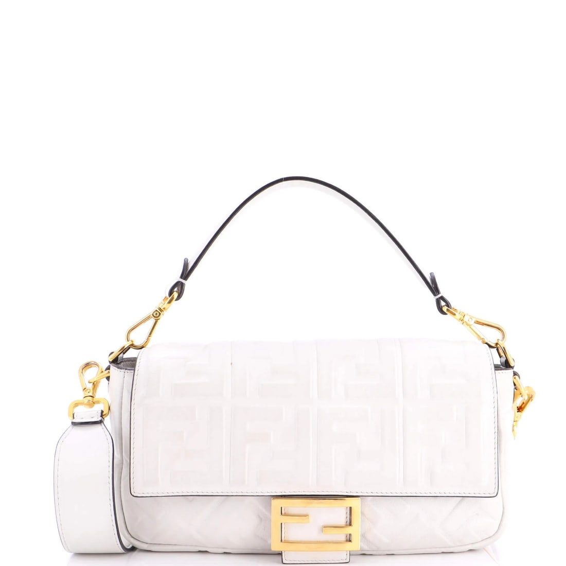 Baguette Fendi NM Leather Embossed Zucca Medium: Baguette Fendi NM Leather Embossed Zucca Medium White Fendi Baguette NM Leather Embossed Zucca Medium Cross Body Bag. This medium-sized bag features embossed zebra print leather, a gold-tone buckle, a
