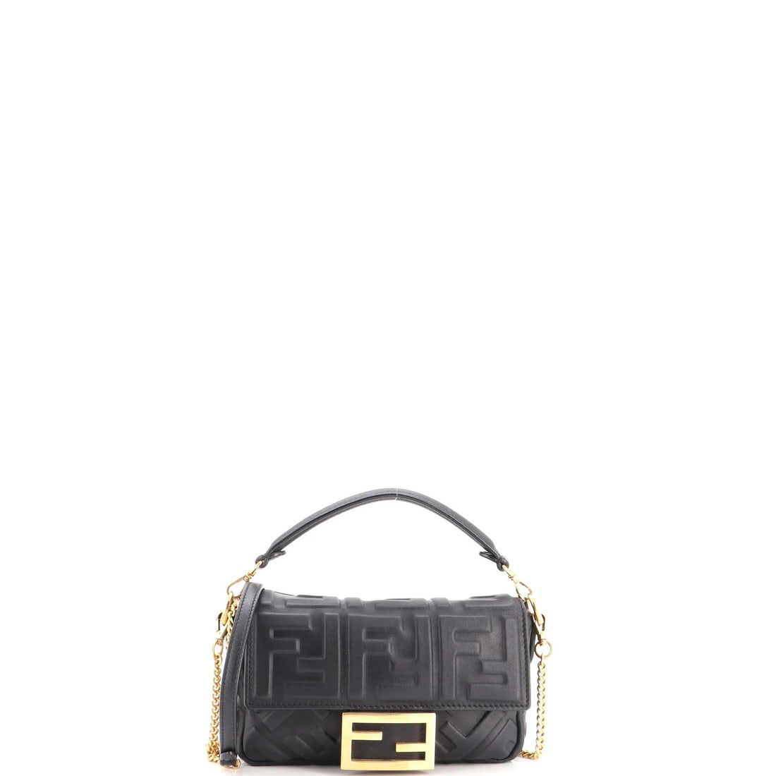 Fendi Baguette NM Bag Zucca Embossed Leather Mini: Fendi Baguette NM Bag Zucca Embossed Leather Mini The Fendi Baguette NM Bag Zucca Embossed Leather Mini boasts sleek, all-black design with intricate details. This stylish mini cross-body bag features