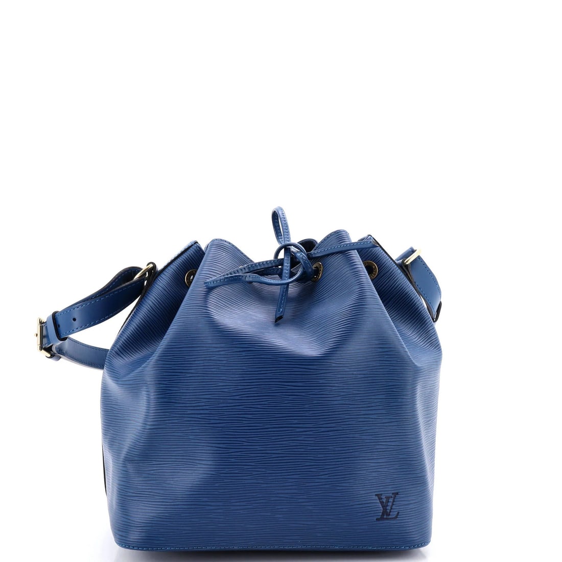 Vuitton Petit Leather Epi Handbag Louis: Vuitton Petit Leather Epi Handbag Louis The Louis Vuitton Petit Leather Epi Handbag in blue features the iconic Epi leather exterior, showcasing heavy edge wear and scuffs. This classic bucket-style