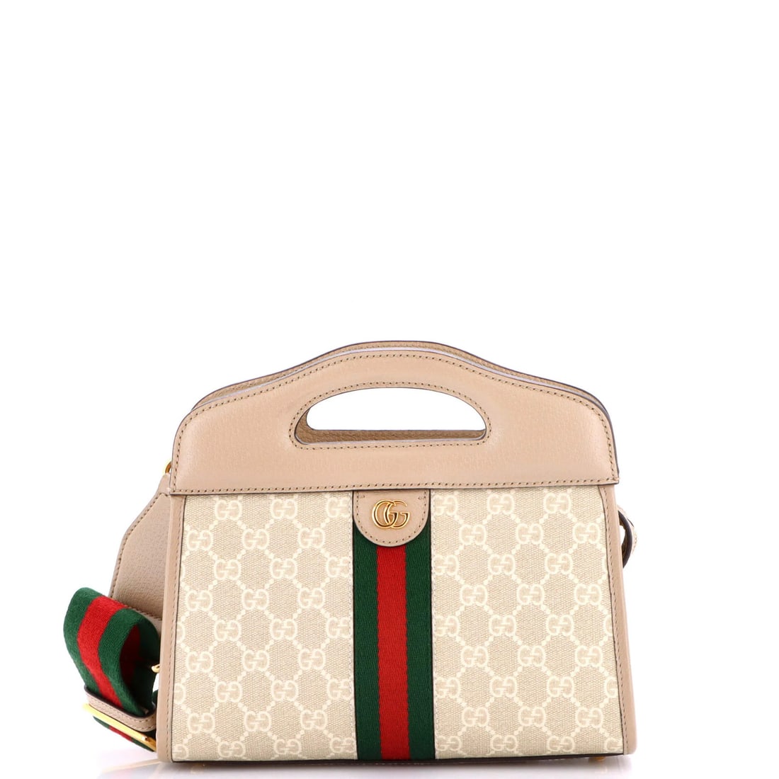 GG Coated Canvas Small Leather Bag Cut Handle Gucci Ophidia: GG Coated Canvas Small Leather Bag Cut Handle Gucci Ophidia GG Coated Canvas Small Leather Bag with Cut Handle from the iconic Gucci Ophidia style, featuring a neutral exterior and gold hardware.