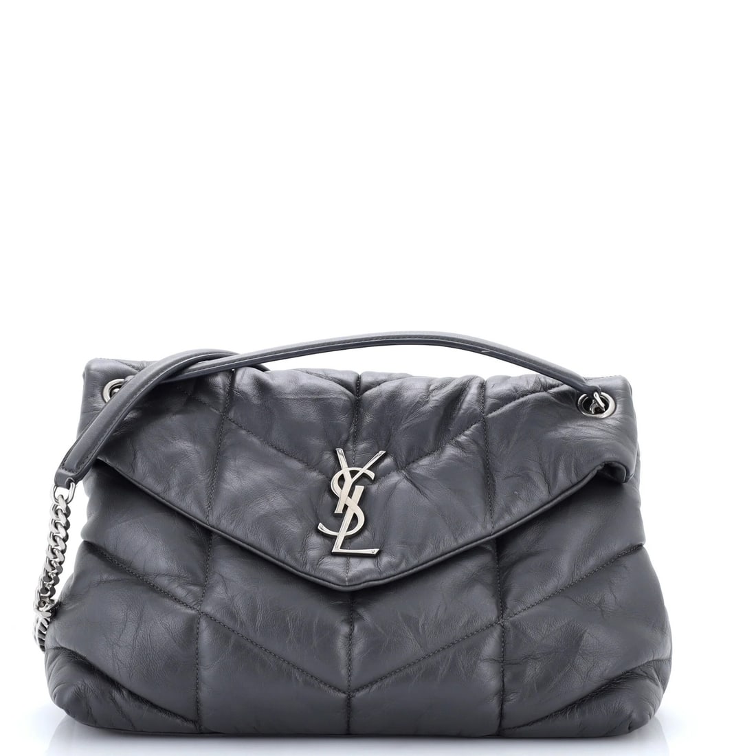 Loulou Puffer Quilted Bag Shoulder Medium Saint Laurent: Loulou Puffer Quilted Bag Shoulder Medium Saint Laurent Gray quilted leather medium Loulou Puffer shoulder bag from Saint Laurent, with minor corner wear, scuffs, and creases on the exterior. The