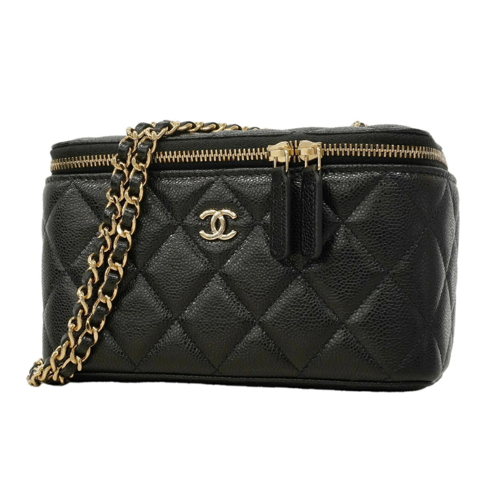 Calfskin Grained Chanel Bag: Calfskin Grained Chanel Bag Grained calfskin gives this black Chanel shoulder bag its distinctive texture, while champagne gold hardware adds a touch of luxury. Measuring just 10cm x 16cm x 8cm, it's 