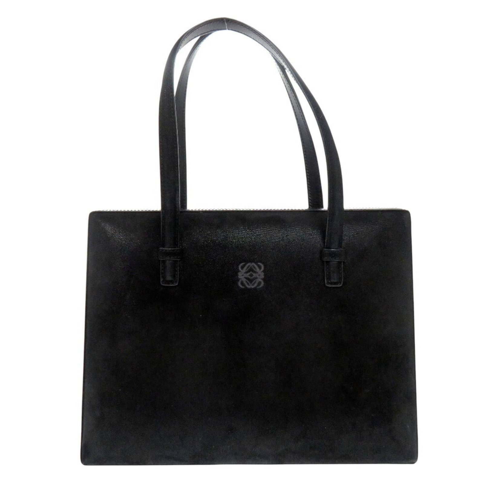Loewe Handbag Leather: Loewe Handbag Leather Suede leather handbag from Loewe, crafted in Spain with gold hardware and a sleek black finish. Measuring 19.5cm x 27cm x 10cm, it features a magnet closure and comes with a 44cm