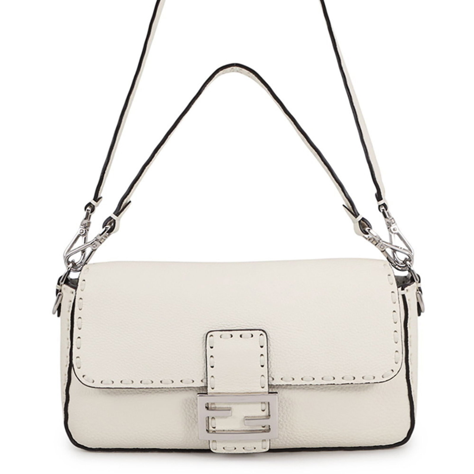 Fendi Handbag Leather: Fendi Handbag Leather White Fendi Handbag Calfskin Leather. Made from high-quality white leather, this handbag features silver hardware and a flap closure. Weighing in at 640g, its sleek design makes 
