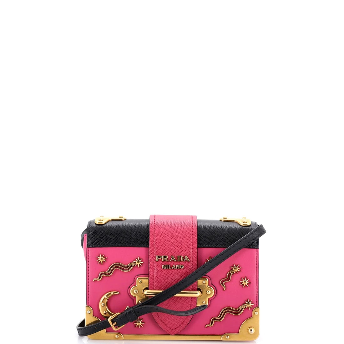 Prada Cahier Crossbody Bag Embellished Leather Small: Prada Cahier Crossbody Bag Embellished Leather Small The Prada Cahier Crossbody Bag Embellished Leather Small boasts a striking pink exterior with black interior, adorned with gold hardware. This smal