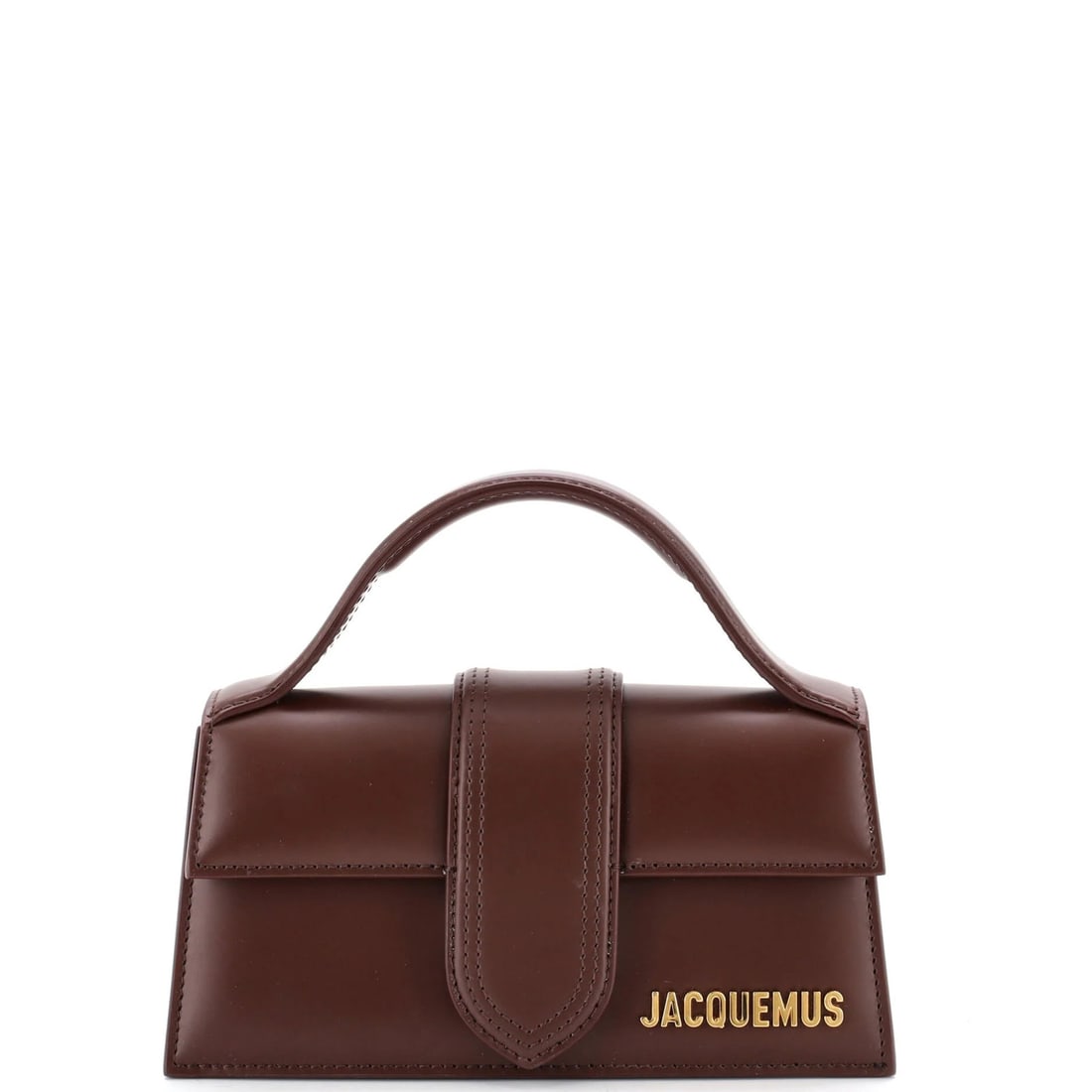 Jacquemus Le Bambino Top Handle Flap Bag Leather: Jacquemus Le Bambino Top Handle Flap Bag Leather The Jacquemus Le Bambino Top Handle Flap Bag Leather features a rich brown leather exterior with minor corner wear and creases, showcasing the brand's 