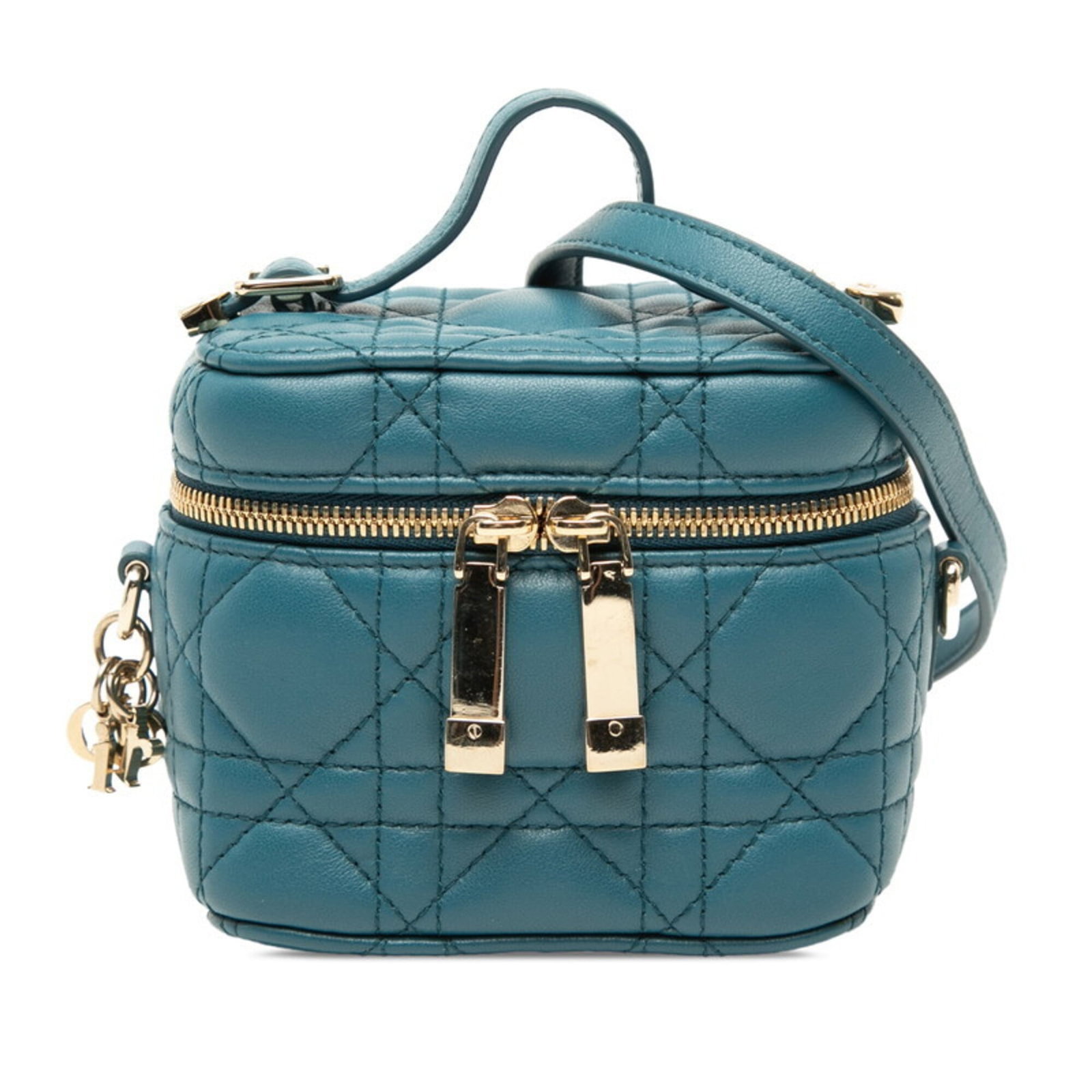 Christian Dior leather bag vanity: Christian Dior leather bag vanity Christian Dior's lambskin leather bag vanity boasts a striking blue hue and sleek design, measuring just 9.5cm x 11cm x 7cm in size. The luxurious lambskin material