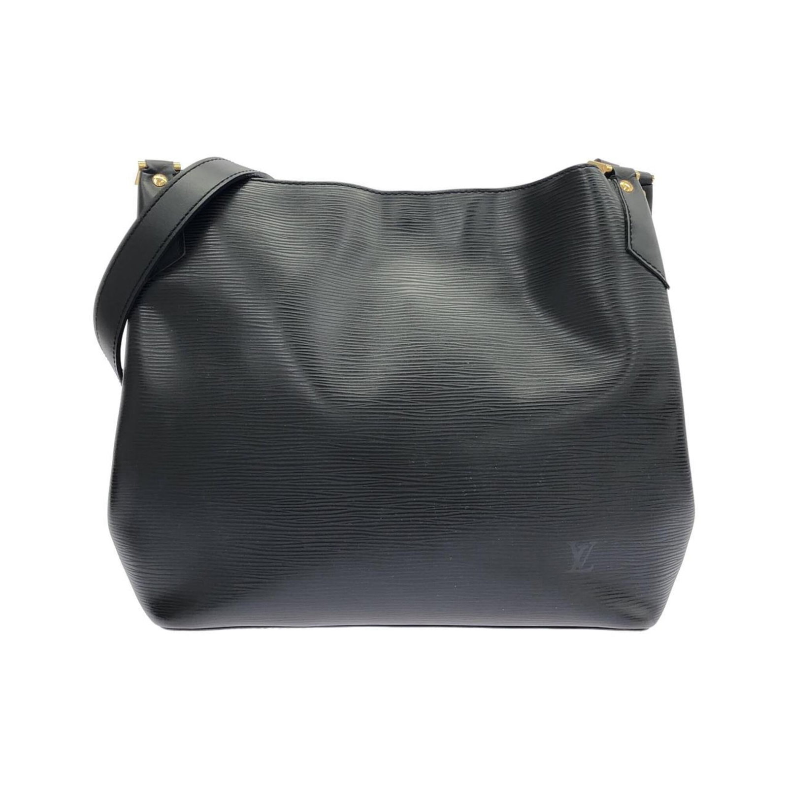 Shoulder Bag Leather Louis Vuitton: Shoulder Bag Leather Louis Vuitton Black leather Louis Vuitton shoulder bag with gold hardware, featuring calf leather construction and a compact size. The bag measures 26.5cm x 31cm x 10cm, making