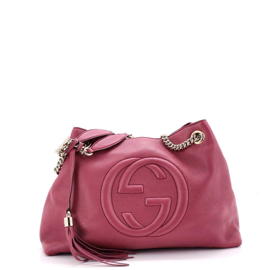 Chain strap leather shoulder bag soho gucci medium: Chain strap leather shoulder bag soho gucci medium Chain strap leather shoulder bag in rich purple exterior, featuring gold tone hardware and neutral interior. Measuring 10.5" high x 14" wide x 5" dee