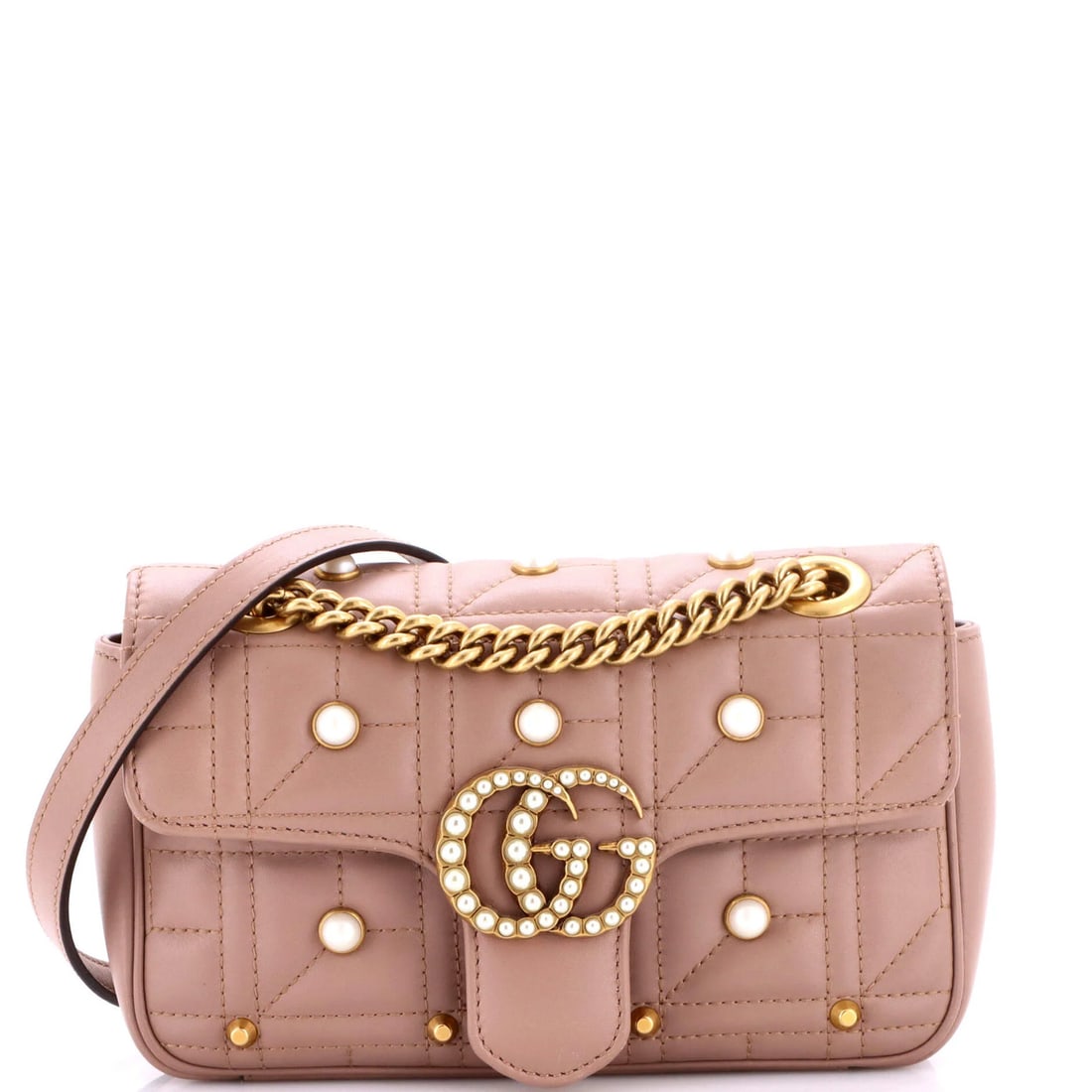 Gucci GG Marmont Flap Bag Embellished with Matelasse Leather Mini: Gucci GG Marmont Flap Bag Embellished with Matelasse Leather Mini The Gucci GG Marmont Flap Bag Embellished with Matelasse Leather Mini boasts a neutral exterior and interior, featuring minor creases,