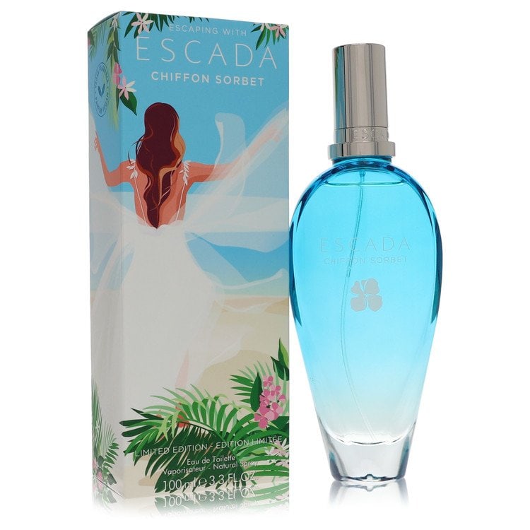 Chiffon Sorbet by Escada Eau De Toilette Spray 3.3 oz: Chiffon Sorbet by Escada Eau De Toilette Spray 3.3 oz Chiffon Sorbet by Escada Eau De Toilette Spray offers a fresh fruity floral scent, characteristic of the brand's elegance and playfulness. Release