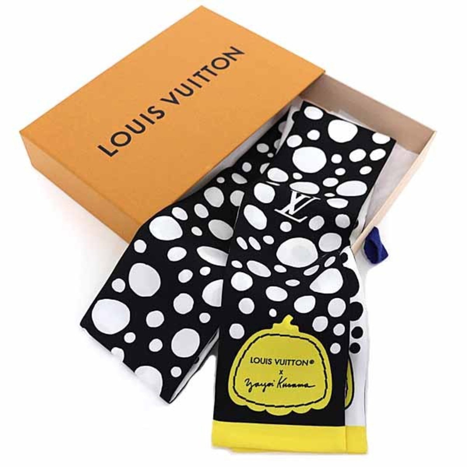 Silk Louis Vuitton Scarf 100%: Silk Louis Vuitton Scarf 100% Silk Louis Vuitton Scarf in Black, White, and Yellow Colors Made from 100% Silk with a Size of 1.18m x 8cm and Weight of 20g. This scarf comes in a luxurious silk materia