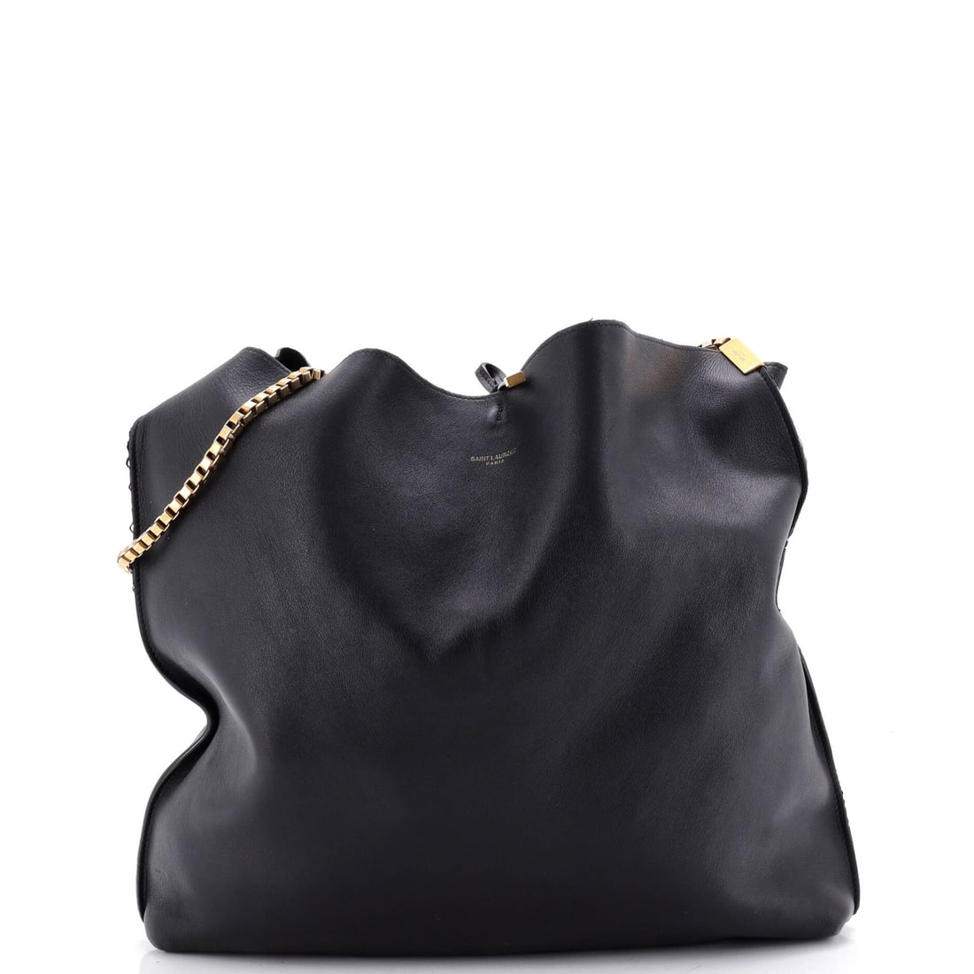 Suzanne Hobo Medium Leather Saint: Suzanne Hobo Medium Leather Saint Black leather hobo bag with gold hardware, featuring scuffs and minor creases on the exterior and interior. The suede-lined interior bears a signature. Measuring 14" 