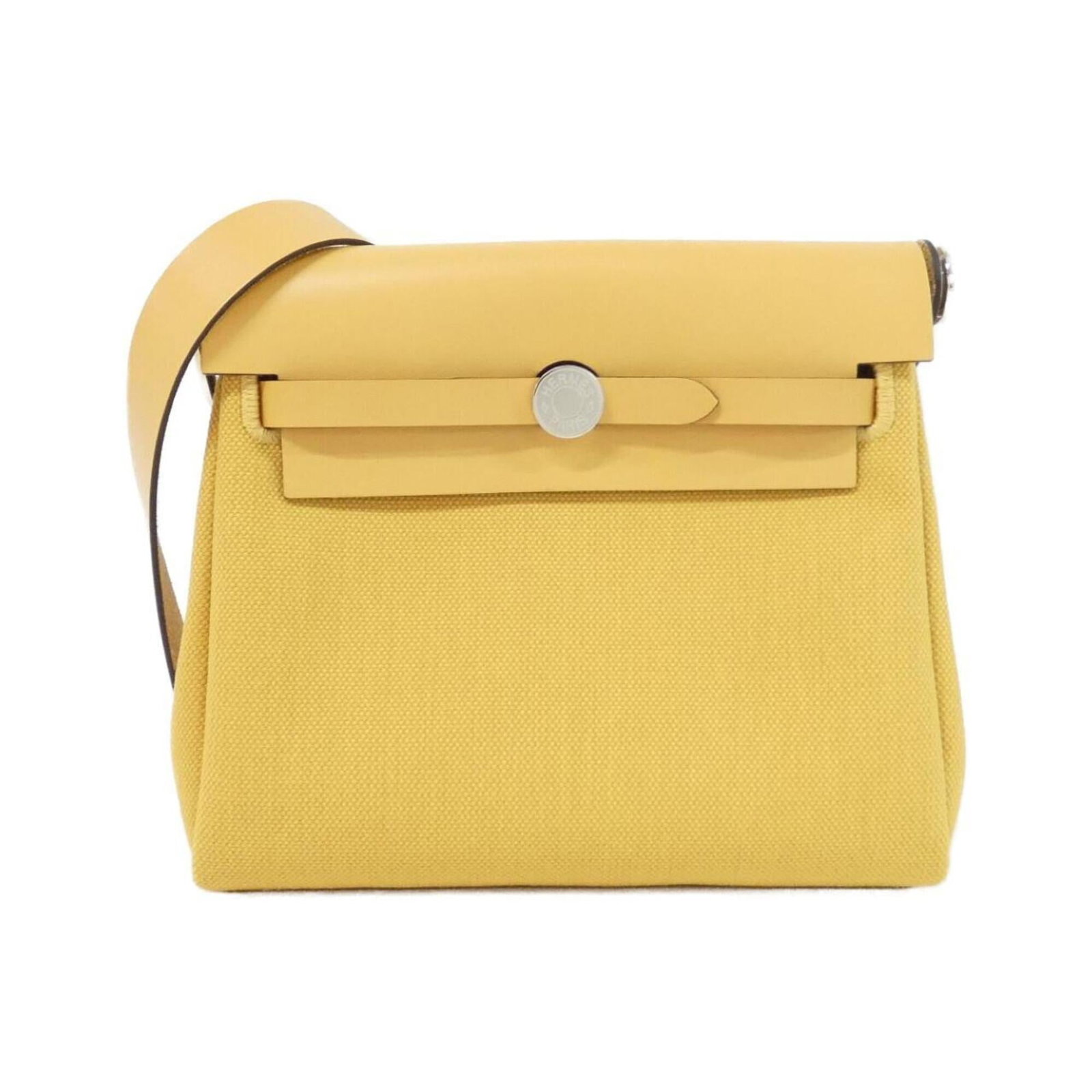 Shoulder Bag by Hermes: Shoulder Bag by Hermes Yellow Silver Hermes MPN 086430CK Shoulder Bag, measuring 16cm x 20cm x 5.5cm, features a striking combination of yellow and silver hardware that adds a touch of elegance to its